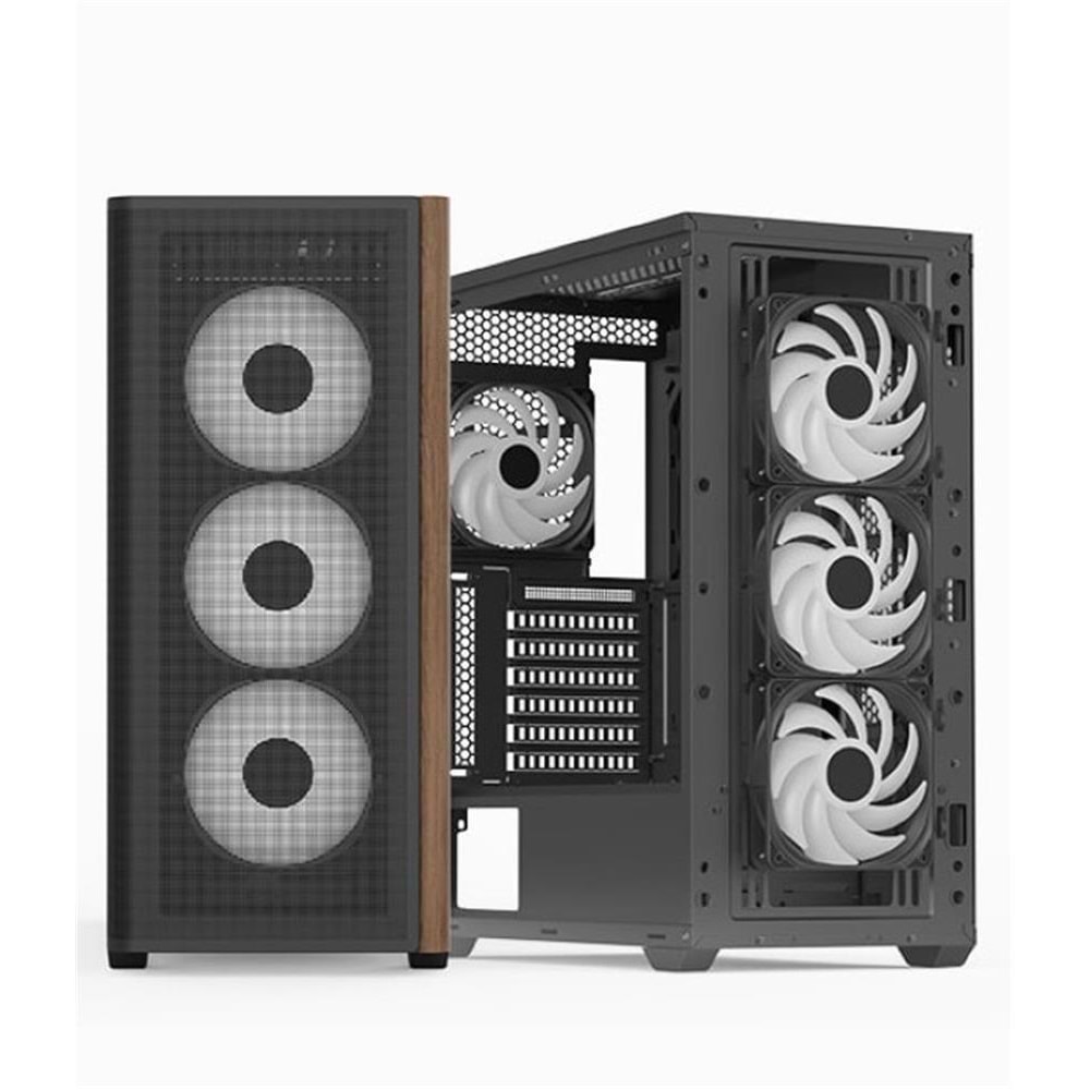Aerocool AE D501A BK 4x12cm A-RGB Fanlı, Ahşap Ön Panel Temp Cam Yan ve Mesh Ön Panel,USB Type-C