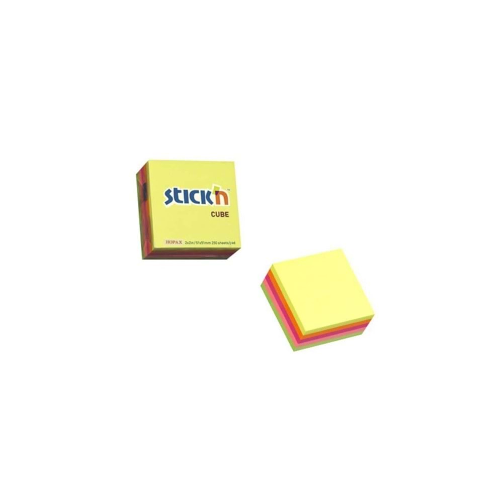 Hopax Stıckn Yapışkanlı Not Kağıdı Küp 250 YP 50x50 Neon 5 Renk 21203
