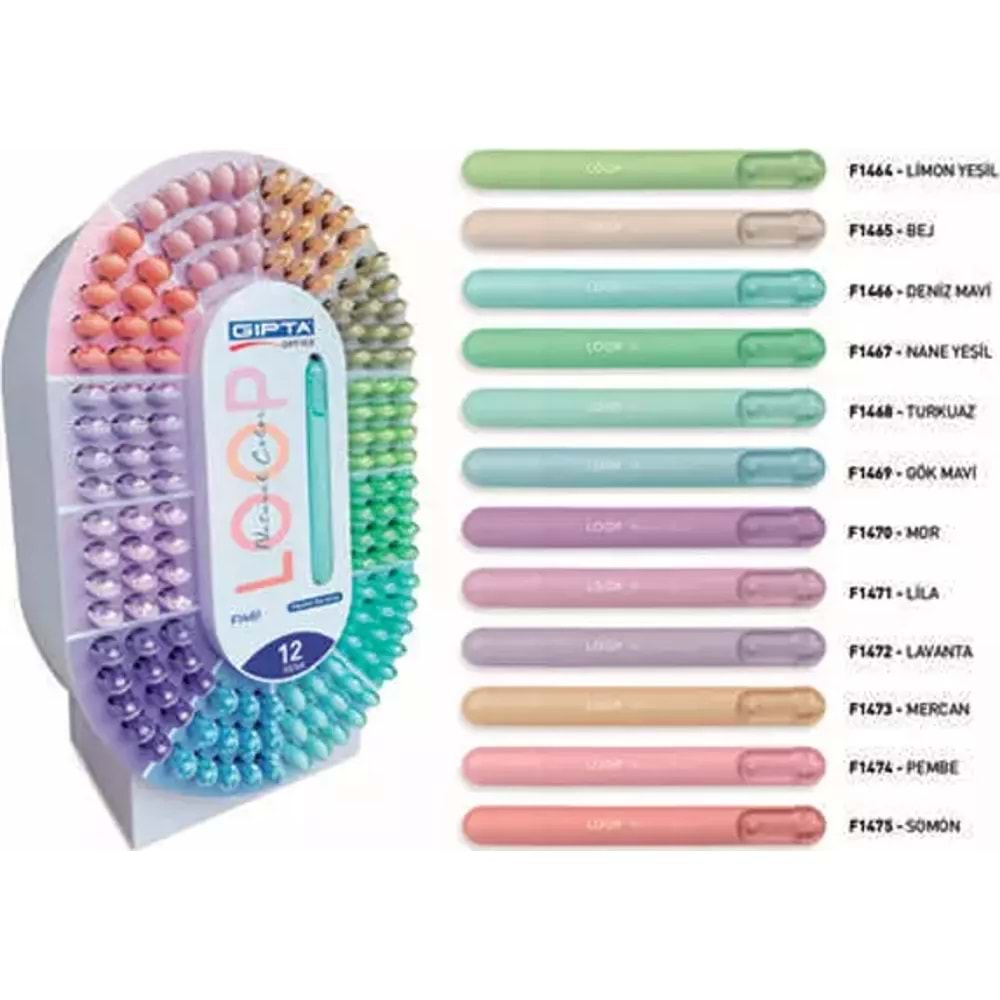 Gıpta Fosforlu Kalem Loop Pastel 12 Renk 288 Li Stand F1461