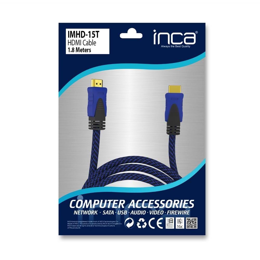 Inca IMHD-15T 1,8Mt Örgülü 1,4 V 3D HDMI Kablo Örgülü 4K@30Hz 2160P Altın Uç Parazit Koruma