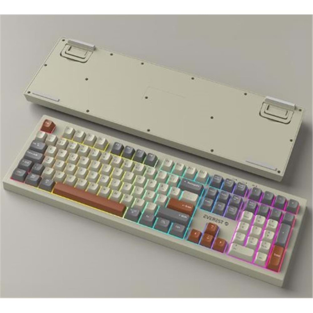 Everest KM-78 Rena Krem-Gri-Kahve Kablosuz 2.4 + BT RGB Aydınlatmalı Sessiz Q Klavye + Mouse Se