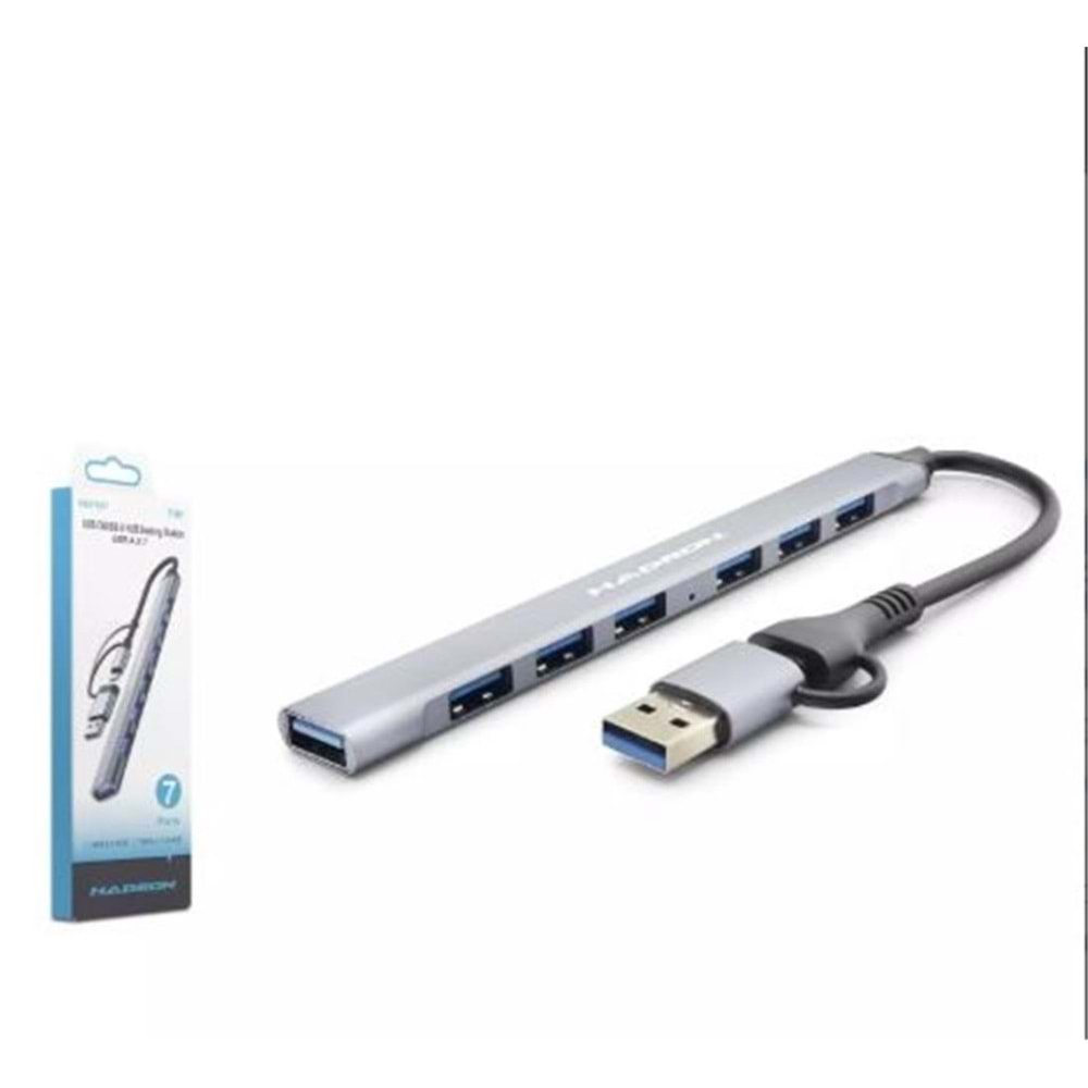 Hadron Hdx7857 Usb + Type-C Hub 7In1 1-Usb3.0 6-Usb2.0 Gri