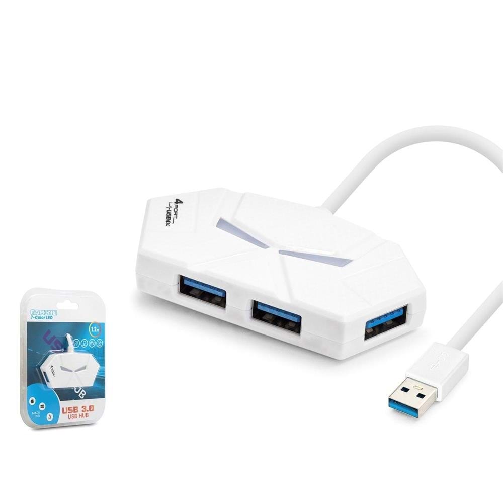 Hadron HDX7051 Gaming USB Hub 3.0 5Gbps 4x USB-A 3.0 7 Renk LED 4 Port Çoklayıcı 120cm Beyaz