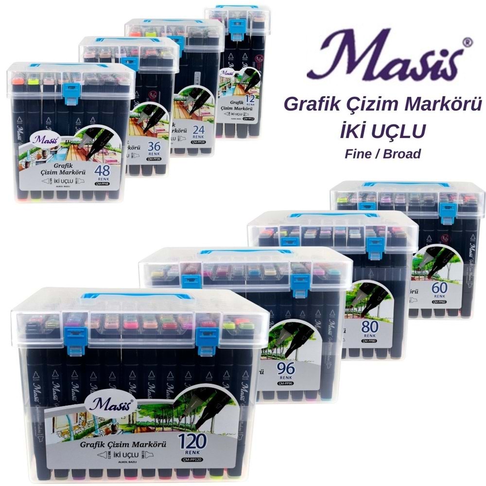 Masis Grafik Çizim Markörü İki Uçlu 12 Renk PP (1 Adet)