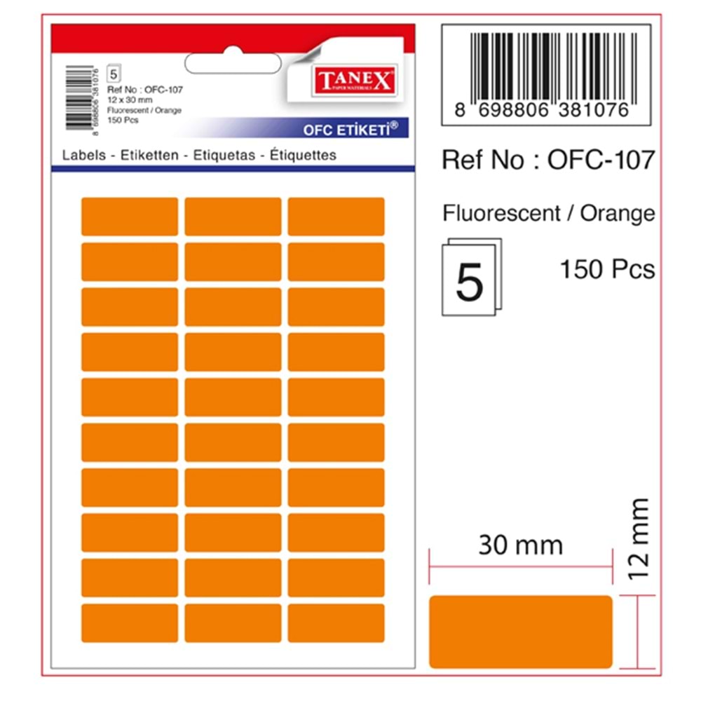 Tanex Ofis Etiketi Poşetli 12x30 MM Fosforlu Turuncu OFC-107(1 Adet)