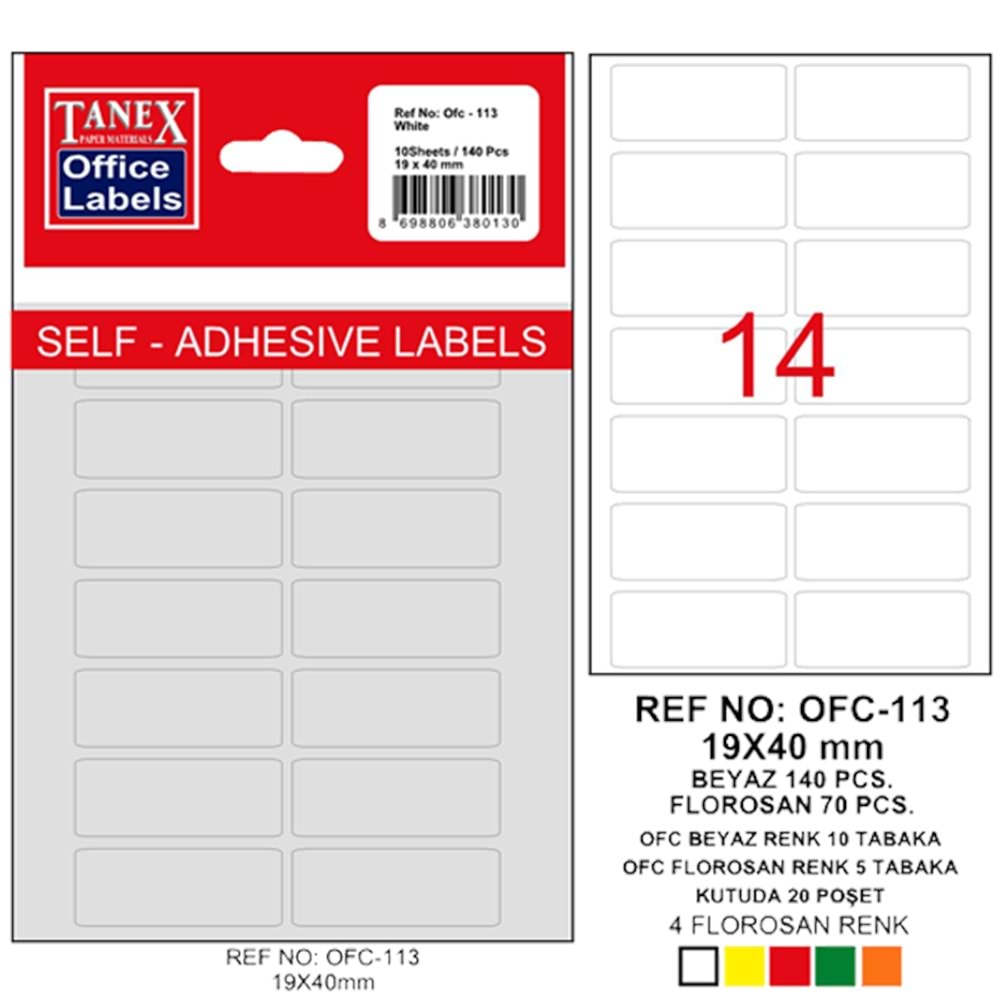 Tanex Ofis Etiketi Poşetli 19x40 MM Beyaz OFC-113 (1 Adet)