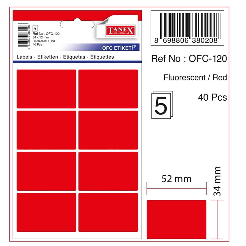 Tanex Ofis Etiketi Flo Kırmızı 5 Ad. Ofc-120
