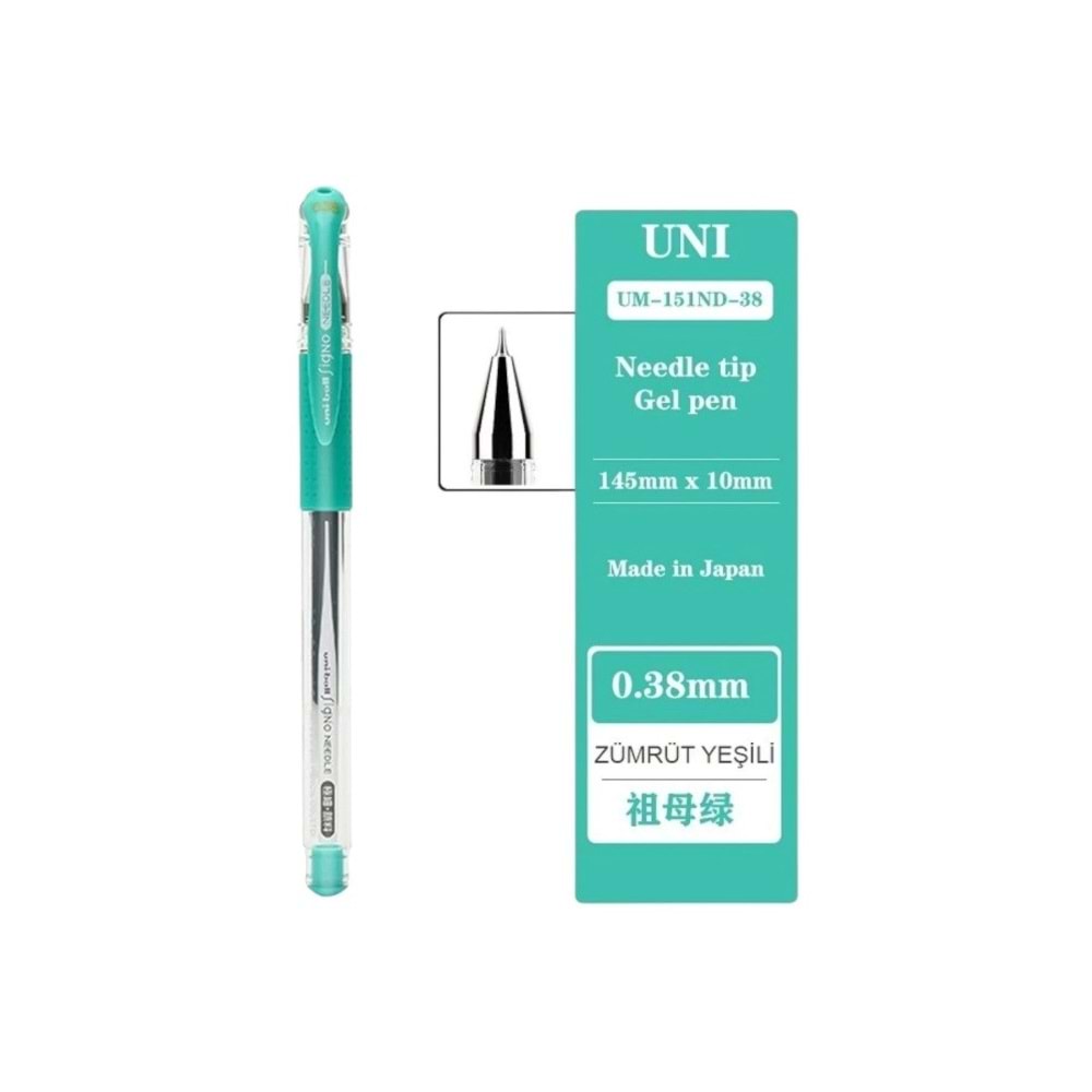Uni-Ball Roller Kalem Signo Needle 0.38 İğne Uçlu jel Kalem Zümrüt Yeşili UM-151ND (1 Adet)