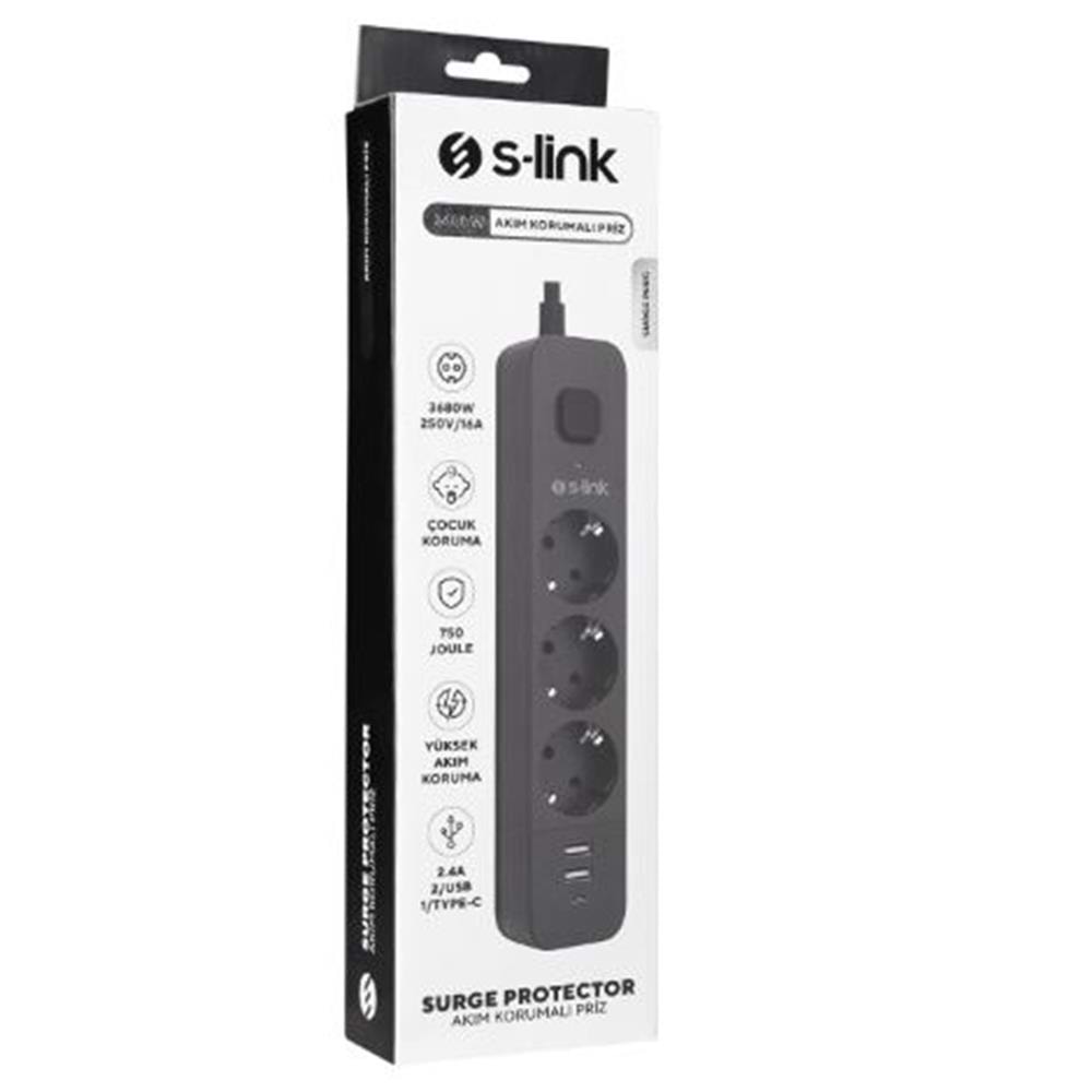 S-link SPG03U 5V2.4A 1.5m 3x1.00mm 100 yüzde Bakır 750 Joule 3 lü Anahtarlı Akım Korumalı Siyah Priz