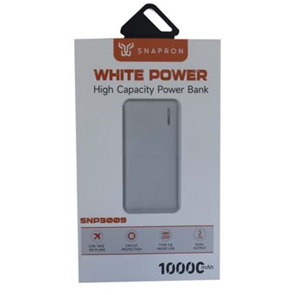 SnapMax SNP-3009 Beyaz 10.000 mah Powerbank 2x USB Çıkışlı 1 Type-C ve 1 Micro Girişli