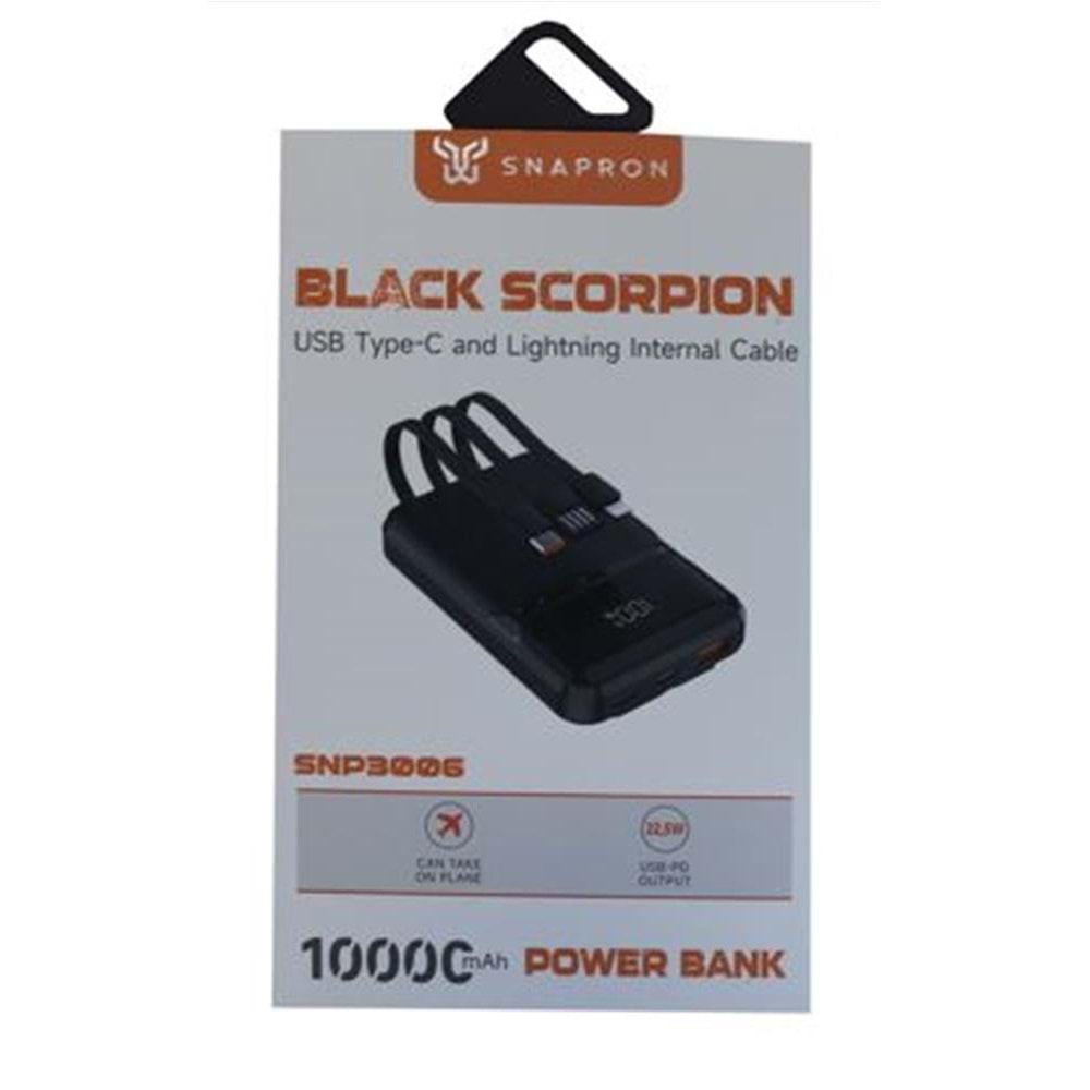 SnapMax SNP-3006 10.000 mah Hızlı Şarj LED Göstergeli 3in1 Dahili Kablolu Powerbank