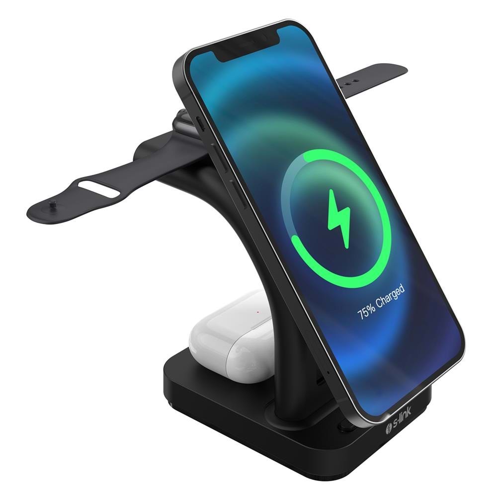 S-link SW-CWF130 Siyah Telefon Kulaklık Akıllı Saat 15W 3 in 1 Magsafe Led Logo Kablosuz Şarj Cihazı