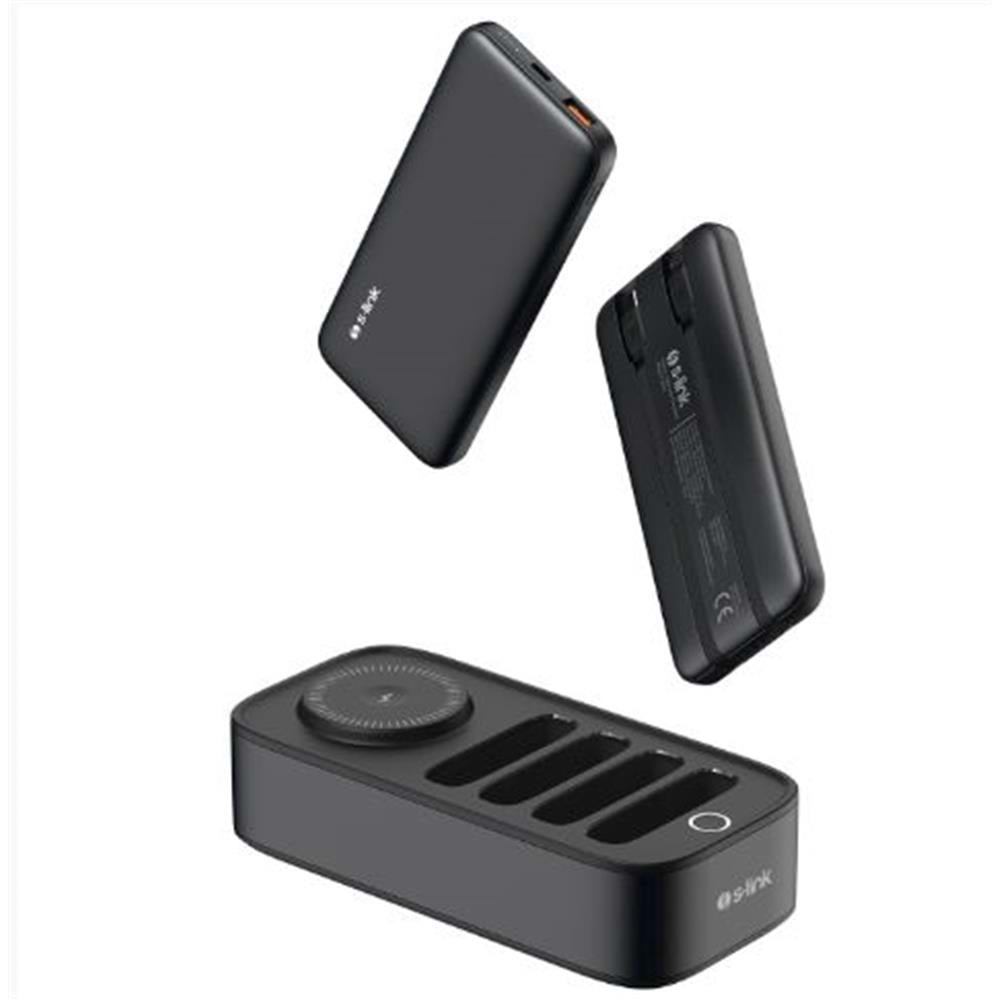 S-link IP-DS40 4 Adet 10000mAH Powerbank li 15W Kablosuz Şarj Siyah Taşınabilir Şarj İstasyonu