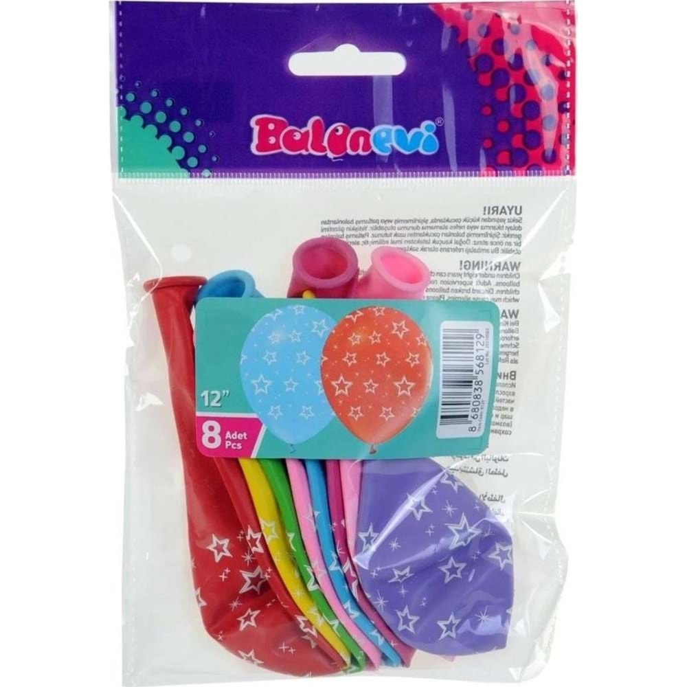 Balonevi Balon Çepeçevre Yıldız Baskılı 12 İnc Balonlar 8 Li