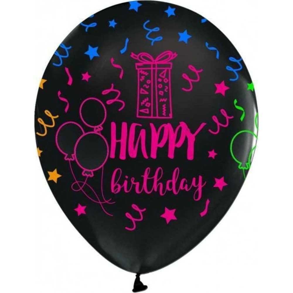 Balonevi Çepeçevre Floresan Happy Birthday Siyah Balon 100 Lü