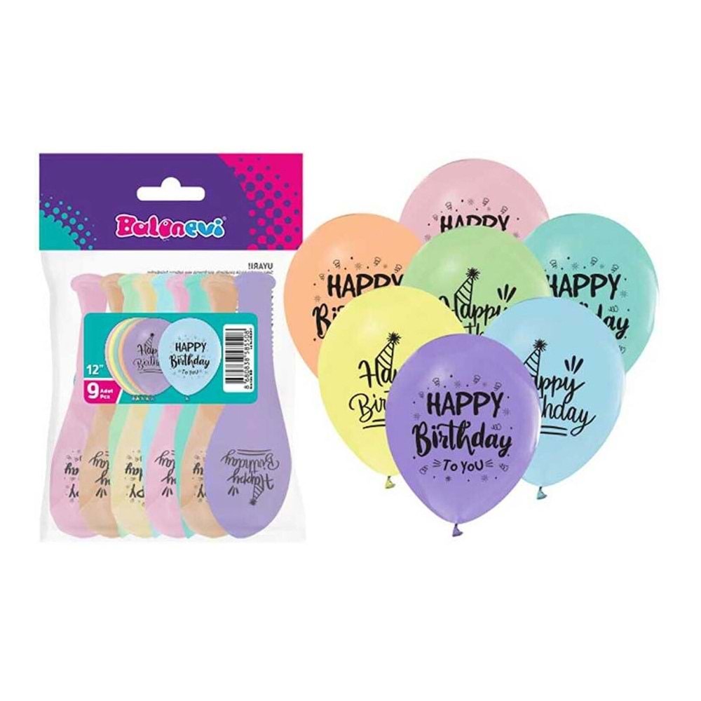 Balonevi Balon Makaron 1+1 Happy Birthday Baskılı 12