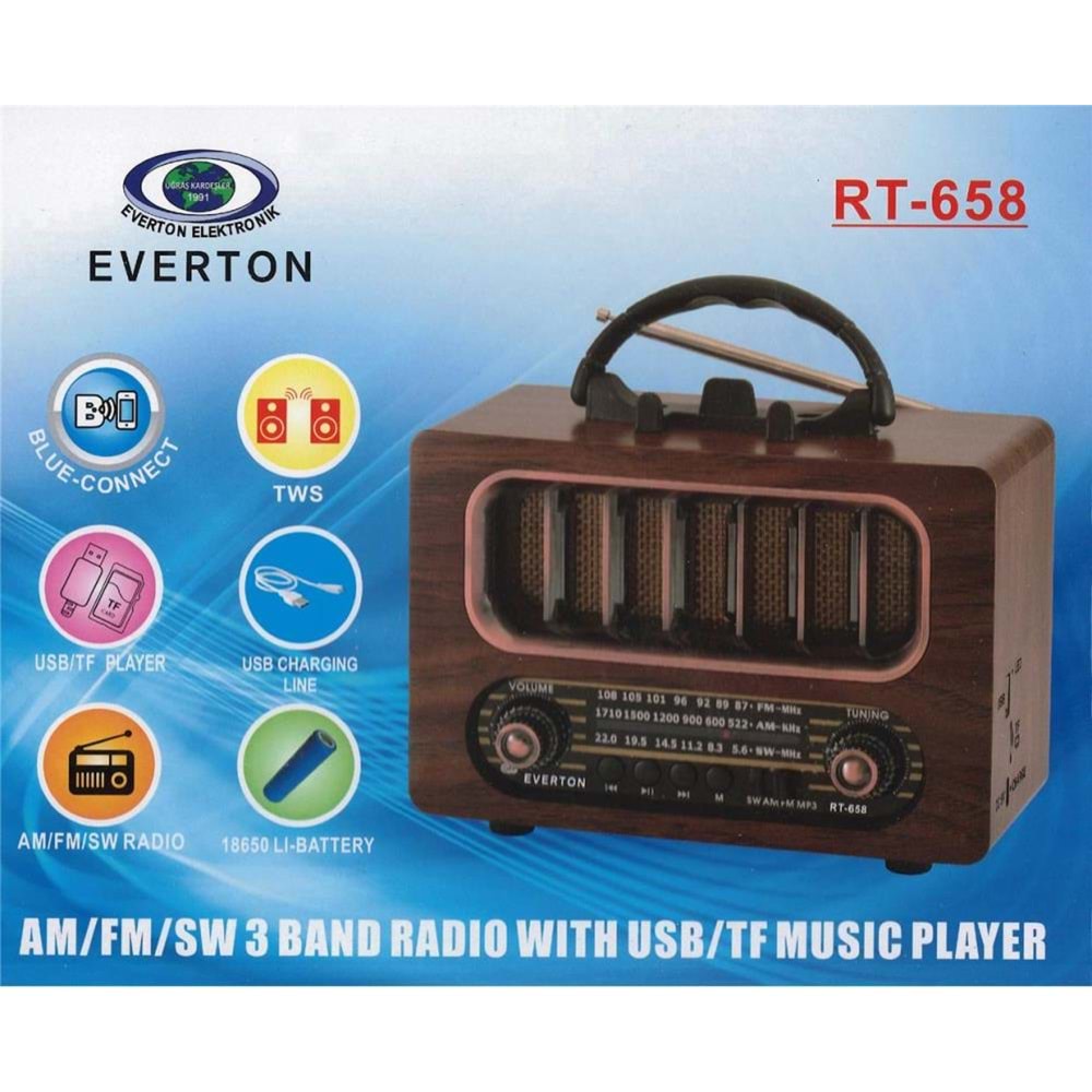 Everton Rt-836 Bluetooth Fm-Usb-Tf-Aux Solarlı Şarjlı Nostaljik Radyo