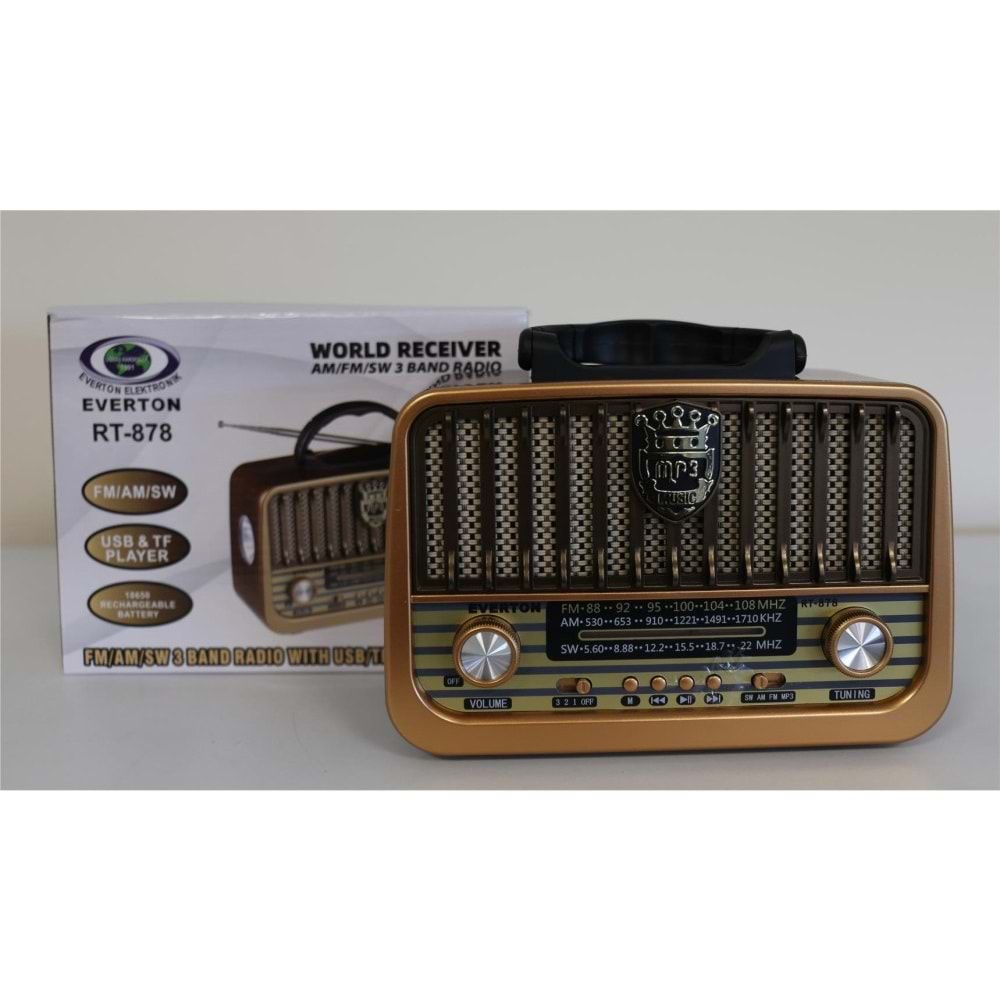 Everton Rt-878 Bluetooth (El Feneri) Fm-Usb-Tf-Aux Şarjlı Nostaljik Radyo