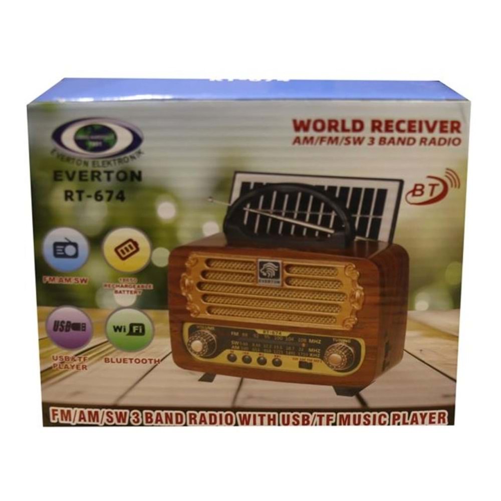 Everton RT-674 Bluetooth-USB-SD-FM Şarjlı,Solarlı Nostaljik Radyo