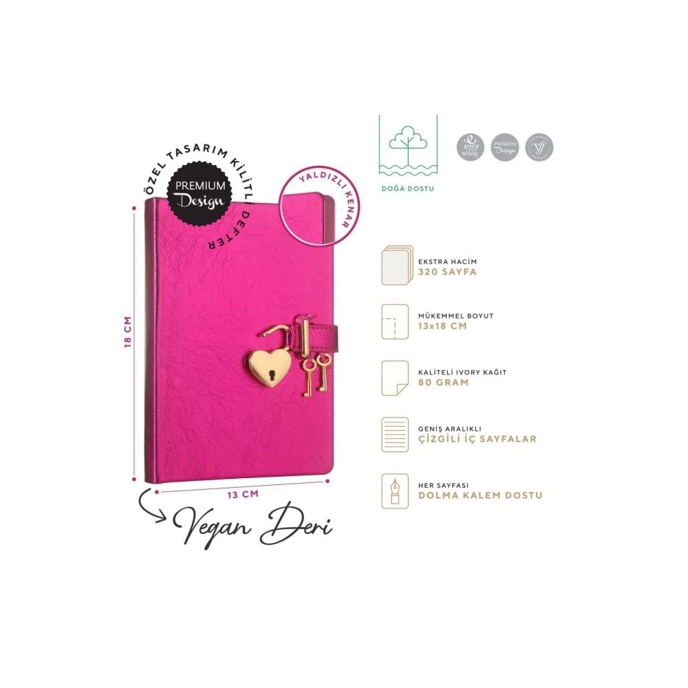 Hush Hush Kilitli Metalik Defter Kutulu 80 Gr 160 Yp Çiz.Pembe