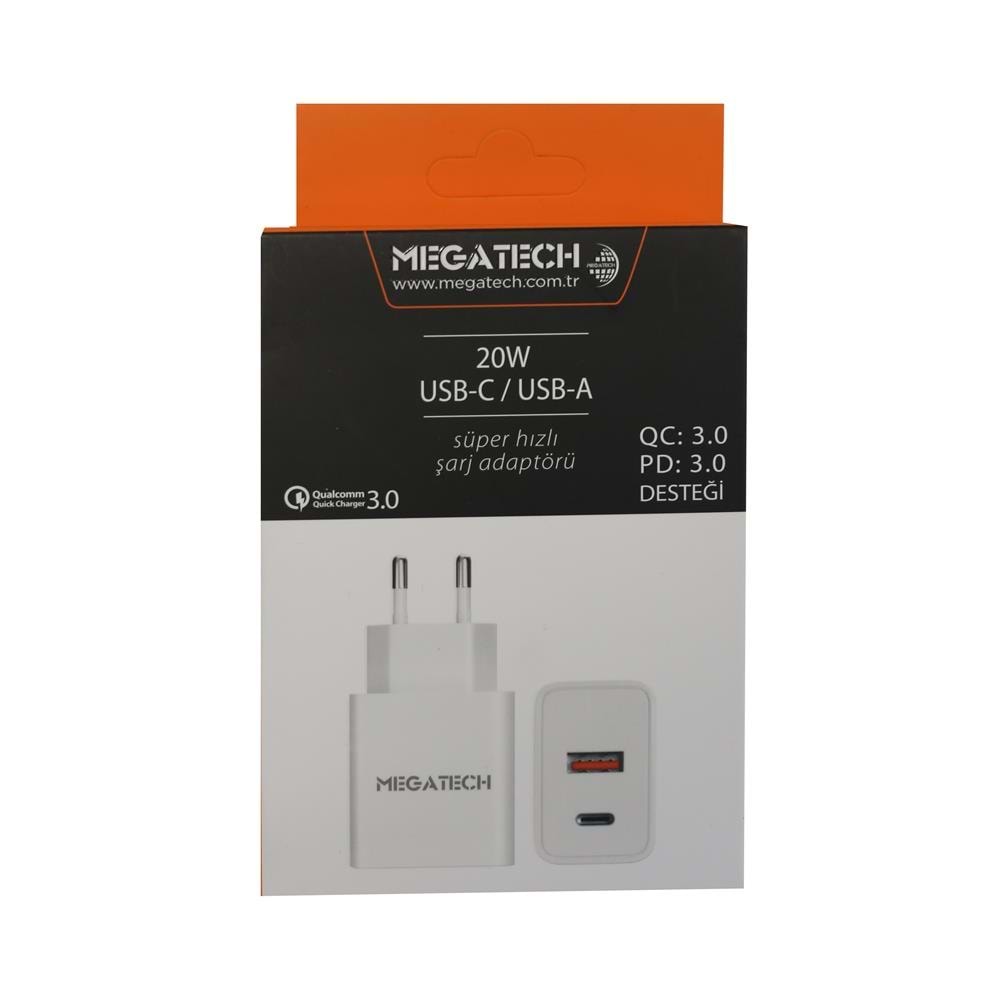 Megatech 20w Beyaz USB-C USB-A Şarj Kafa QC:3.0-PD:3.0