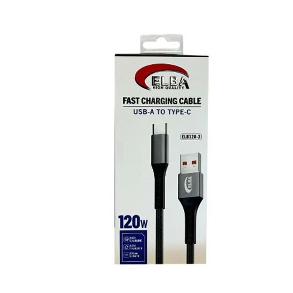 Elba Elb120-3 120w USBC Type-c To Usb 1Mt Siyah Örgülü Şarj Kablosu ( Data Veri )