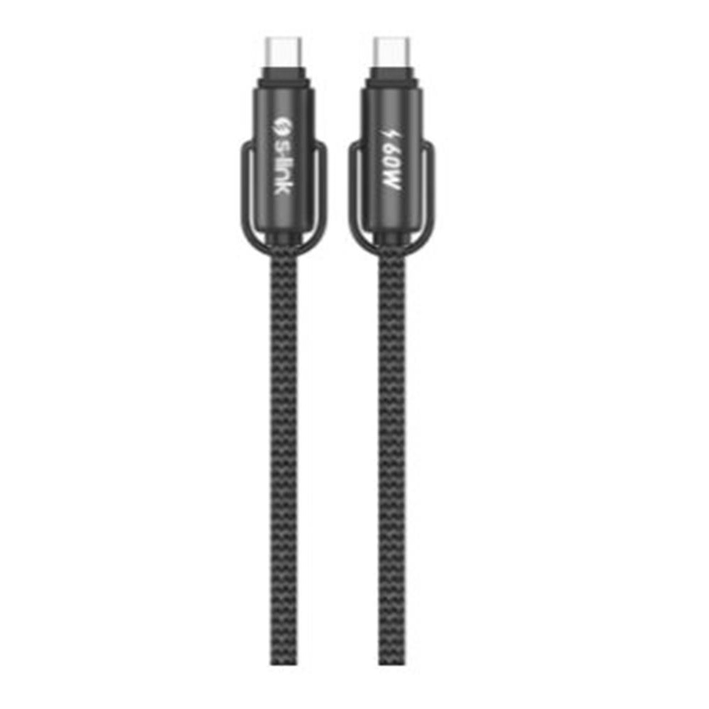 S-link Armor Boyun Askılı AC-01 60W 1.2m Type-C to Type-C Örgülü Metal Başlıklı Siyah Şarj Kablosu