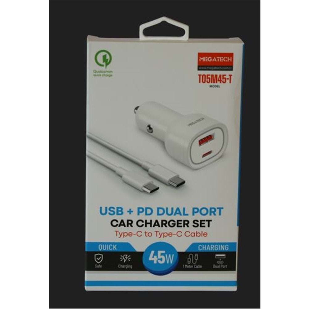 Megatech T05M45-T Beyaz 45W PD-USB Araç Çakmaklık Şarj Başlığı Hızlı Şarj(TYPE-C TO TYPE-C KABLO)