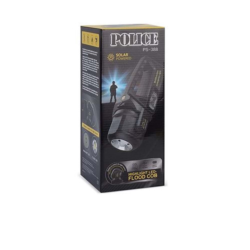 Polıce PS-388 Spot Fener Powerbank Özellikli Solarlı (Güneş Enerji) Şarjlı 180 Derece Oynar Başlık