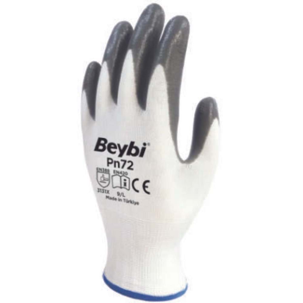 Beybi Nitril Poly PN72 10 Beden Beyaz Gri Eldiven 12li Paket