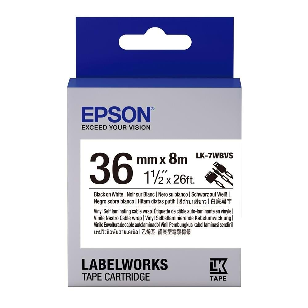 Epson LK-7WBVS Kendinden Laminasyonlu Kablo Giydirme Beyaz Üzeri Siyah 36mm 8Metre Etiket