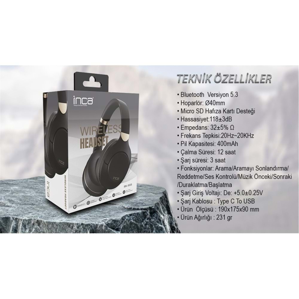 Inca IBK-503S Siyah 5.3 Bluetooth Wireless Kulaklık Micro Sd Kulaklık 400mah Type-c To USB