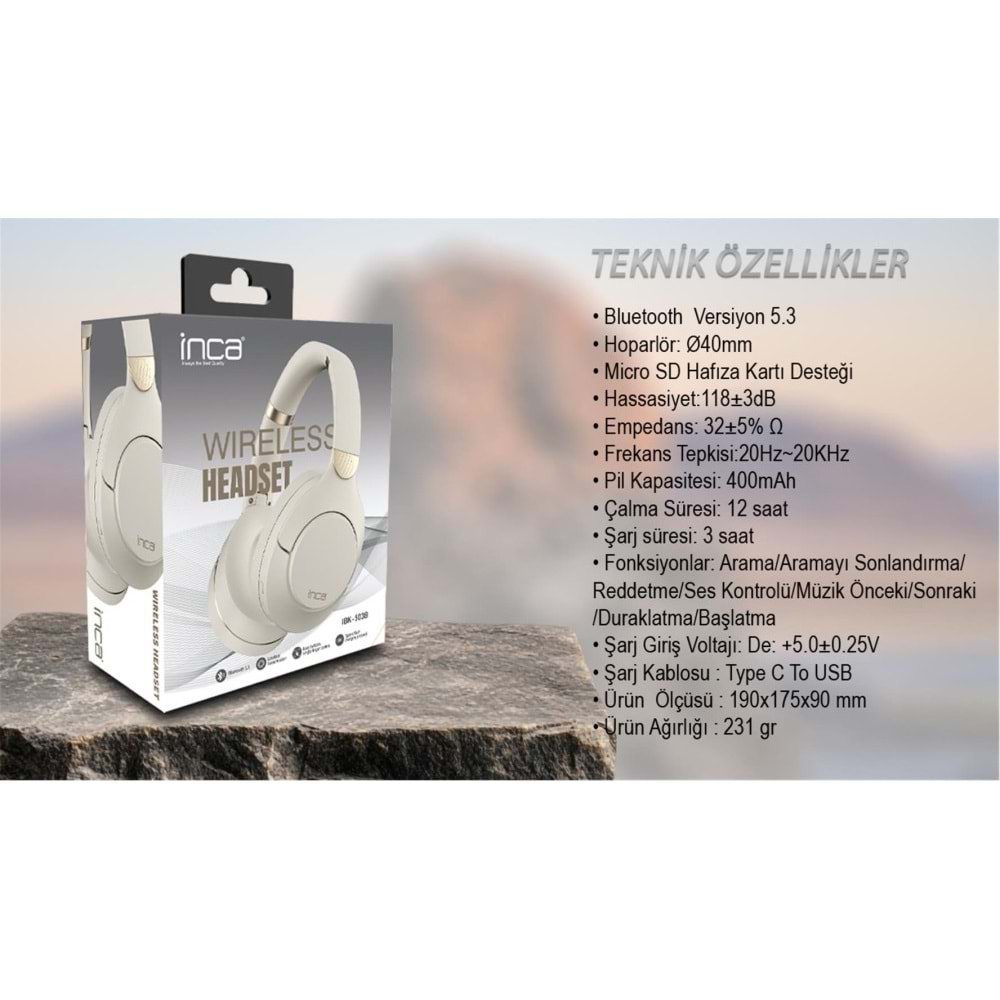 Inca IBK-503B Beyaz 5.3 Bluetooth Wireless Kulaklık Micro Sd Kulaklık 400mah Type-c To USB