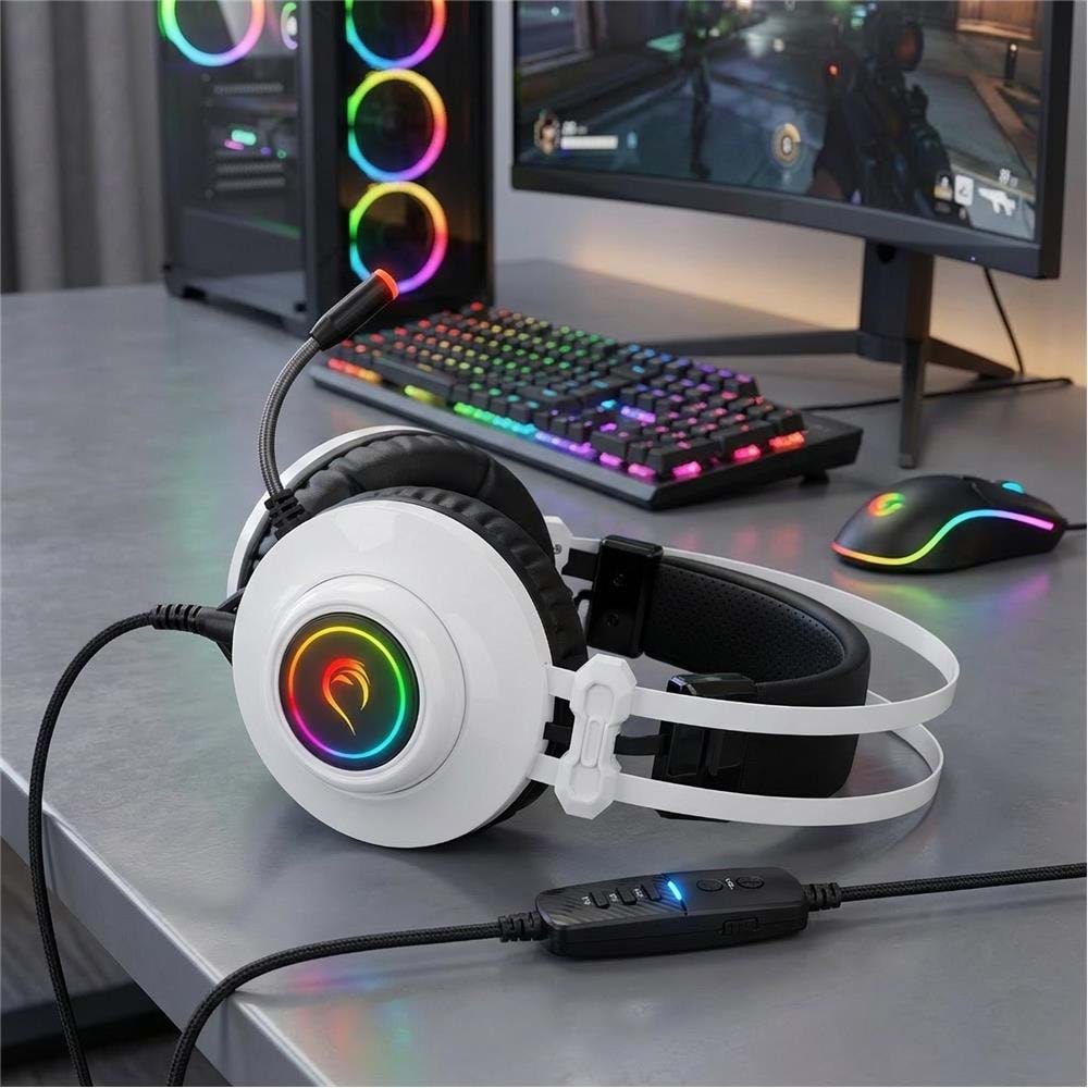 Rampage RM-K1 PULSAR Beyaz Usb 7.1 Surround+Titreşim RGB Gaming Oyuncu Mikrofonlu Kulaklık