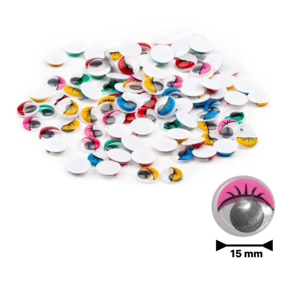 Renkli Oynar Göz Kirpikli 15Mm 100 Lü G55592