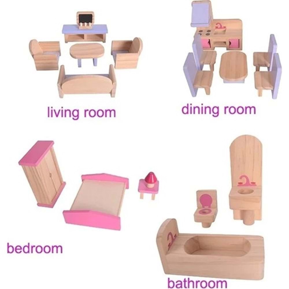 Toy Doll House Ahşap Pembe Oyun Evim BED 554