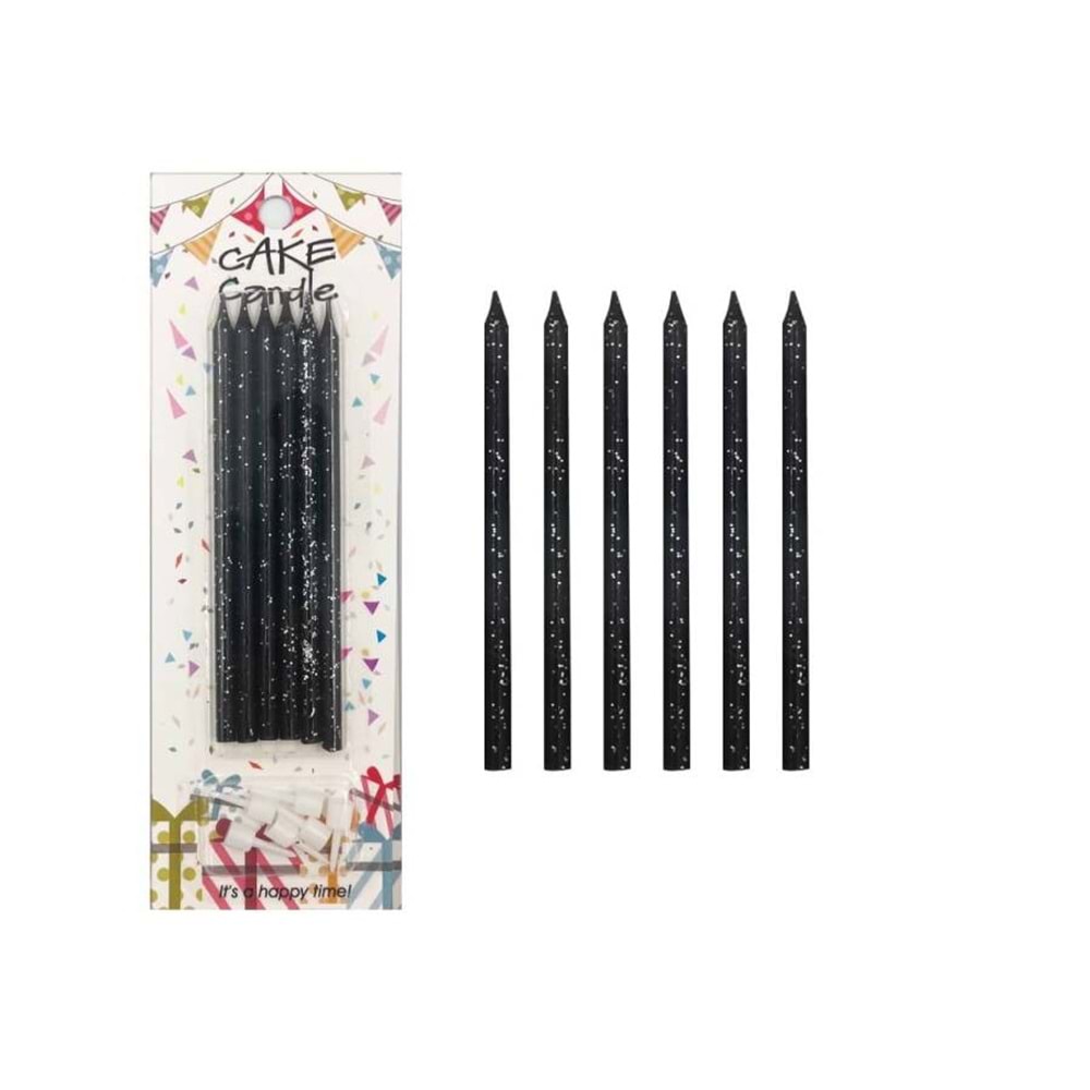 Mum İnce 14cm Siyah Parıltılıı 6 Lı