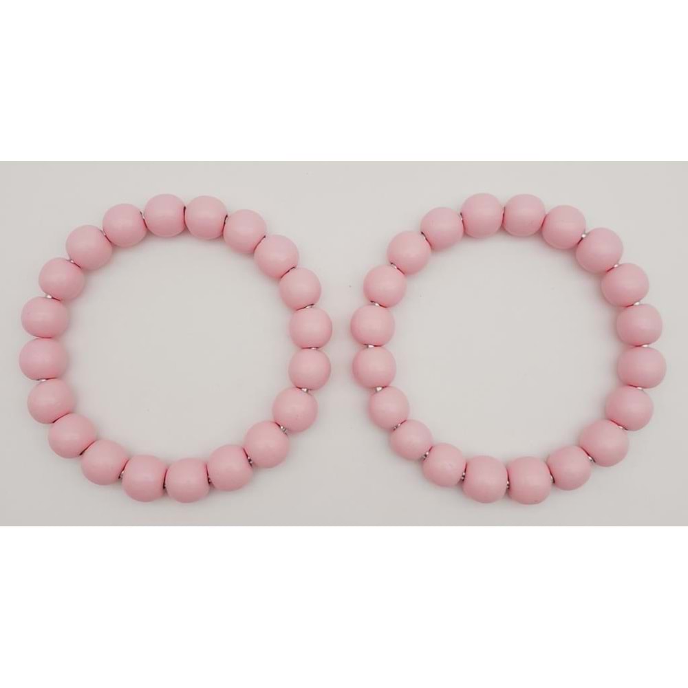 Çanta Aksesuar 13 cm Ahşap Boncuklu Bilezik Model Pembe Renk Çift Sap