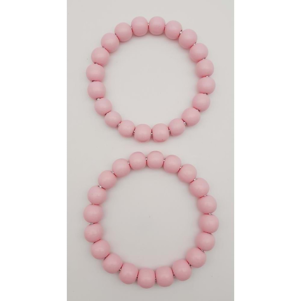 Çanta Aksesuar 13 cm Ahşap Boncuklu Bilezik Model Pembe Renk Çift Sap
