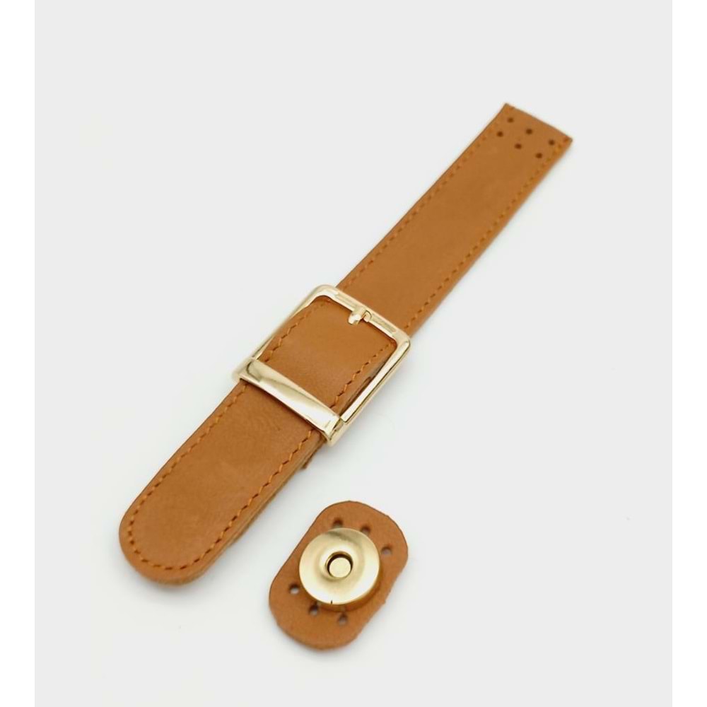 Çanta Aksesuar 18x2,3 cm Taba Gerçek Deri Tokalı Dikişli Çift Kat Çanta Kapağı Light Gold Metalli