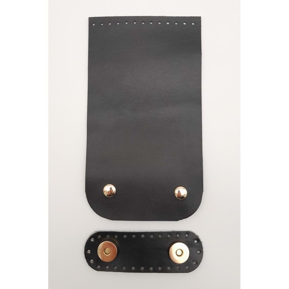 Çanta Aksesuar 11x19 cm Gerçek Deri Çift Mıknatıslı Siyah Renk Çanta Kapağı Light Gold Metalli