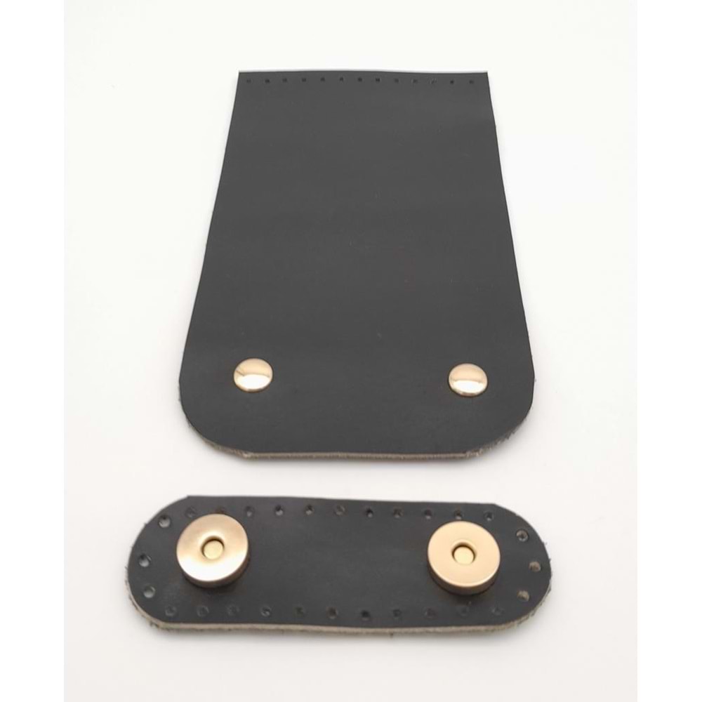 Çanta Aksesuar 11x19 cm Gerçek Deri Çift Mıknatıslı Siyah Renk Çanta Kapağı Light Gold Metalli