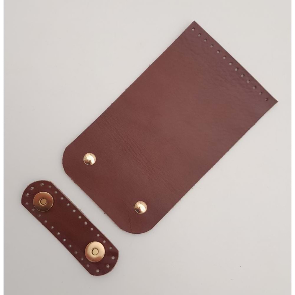Çanta Aksesuar 11x19 cm Gerçek Deri Çift Mıknatıslı Kızıl Kahve Renk Çanta Kapağı Light Gold Metalli