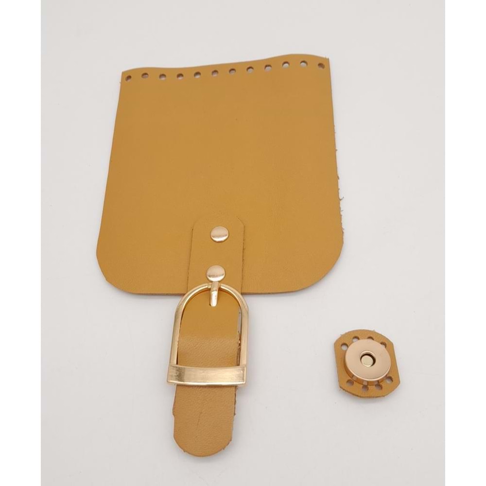Çanta Aksesuar Gerçek Deri 21x12 cm Hardal Renk Çanta Kapağı Light Gold Metalli