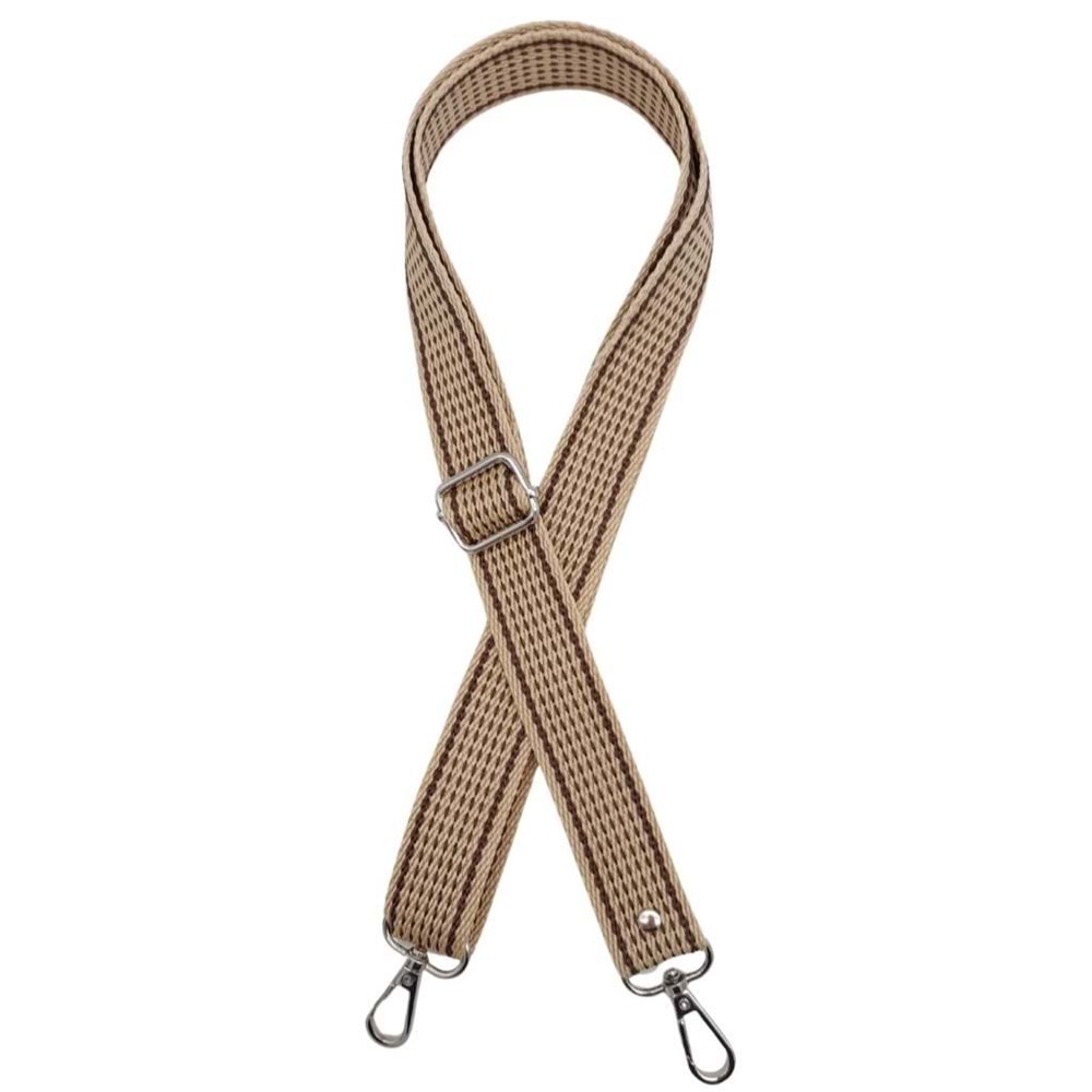 Çanta Aksesuar 120x3 cm Polyester Kolon Çanta Sapı Bej Renk Kahve Şeritli Gümüş Metalli