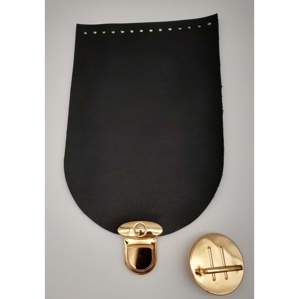 Çanta Aksesuar Tek Kat Suni Deri Siyah 15x22 Cm Sarkaç Kilitli Kapak No:3 Light Gold Metalli