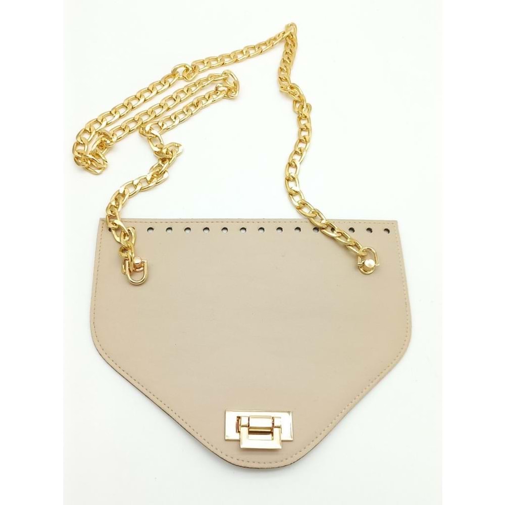 Çanta Aksesuar Koyu Bej Renk Suni Deri 100 cm Zincirli 22.5x18 cm Kapak Light Gold Metalli