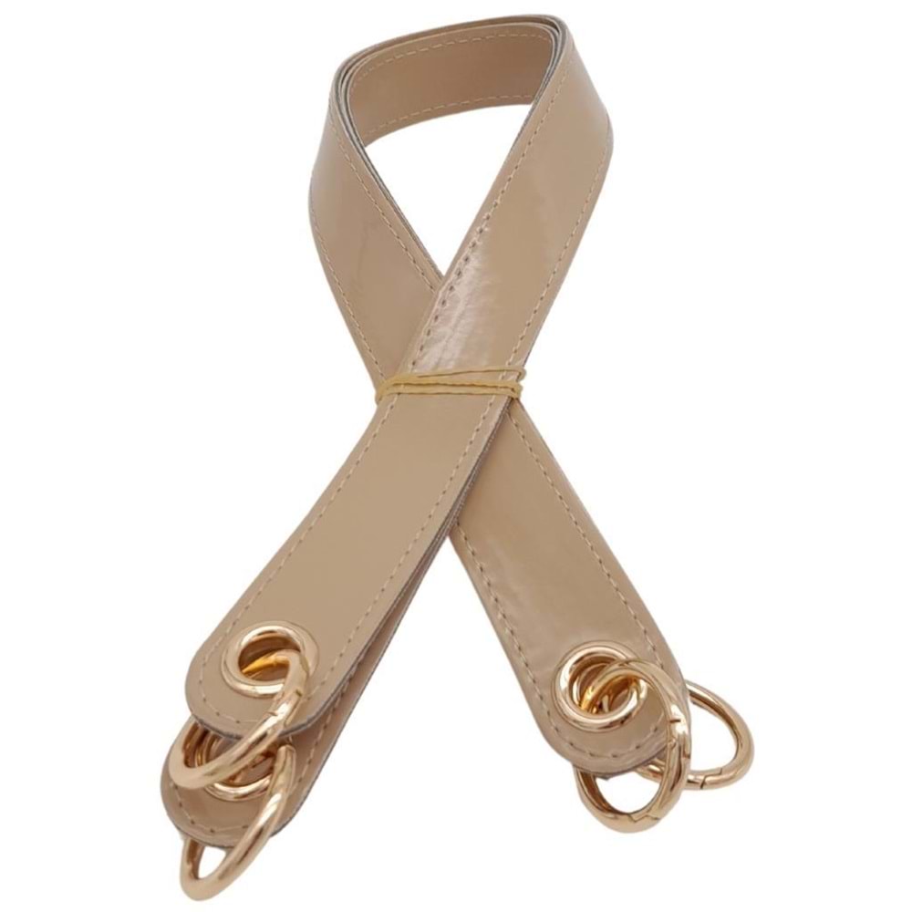 Çanta Aksesuar Parlak Rugan Deri Kuş Gözlü Çift Çanta Sapı Bej Renk Light Gold Metalli