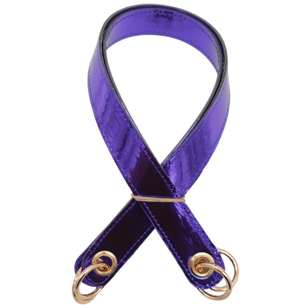 Çanta Aksesuar Parlak Rugan Deri Kuş Gözlü Çift Çanta Sapı Mor Renk Light Gold Metalli