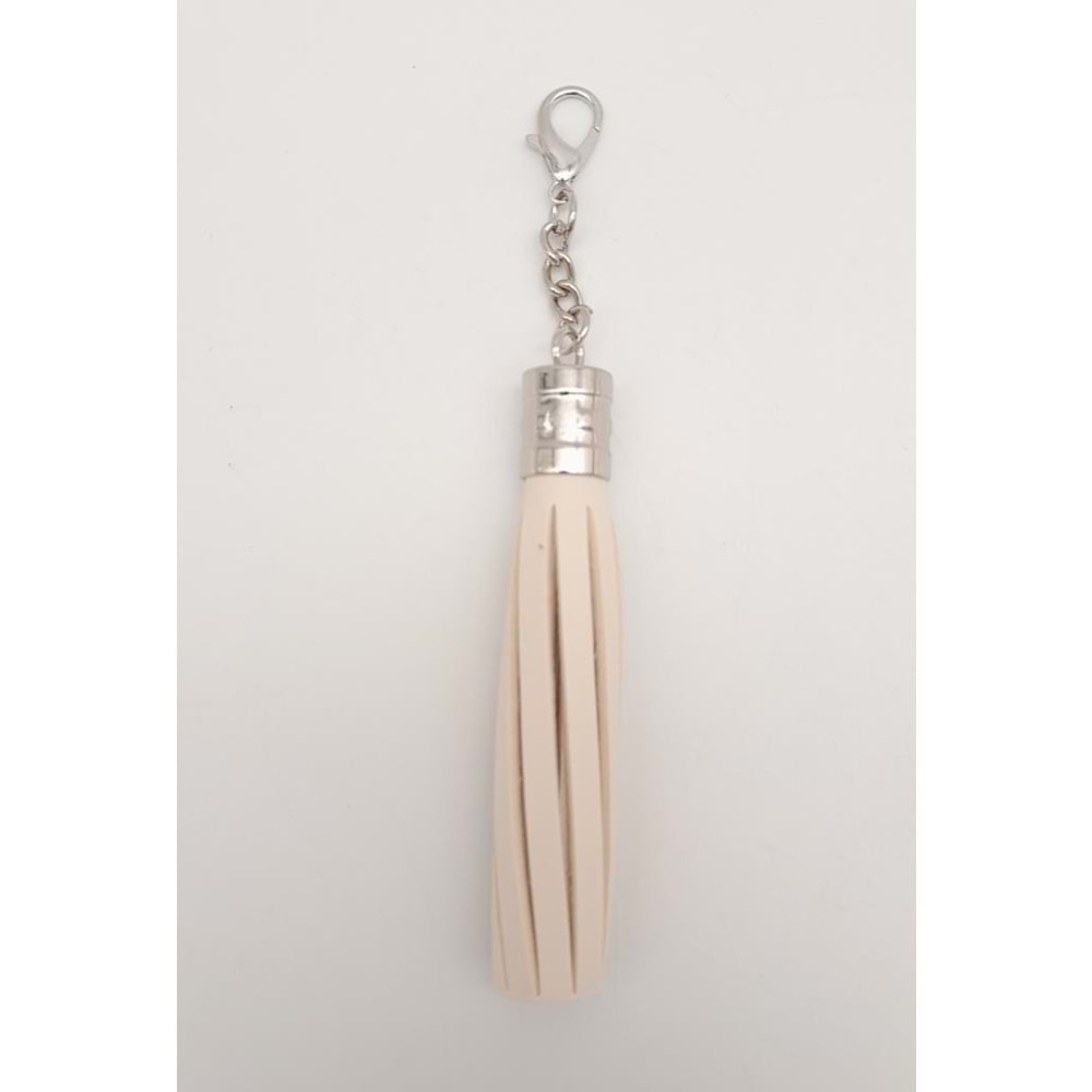 Çanta Aksesuar Krem Suni Deri Kovanlı Püskül Gümüş Metalli